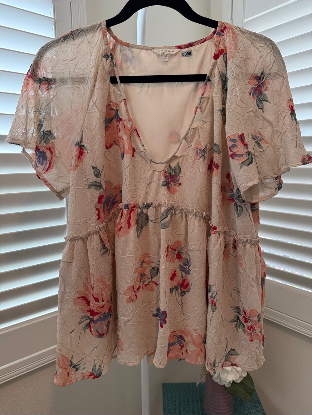 Lucky Brand Cream Floral Flutter Peplum Top with Pink & Blue Flowers
